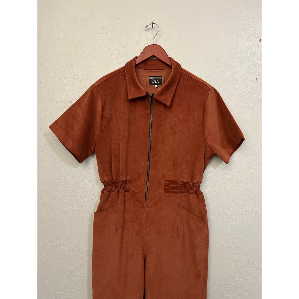 Deso Womens Corduroy Jumpsuit Coveralls XL Rust Brown Zip Front Short Sleeve USA
